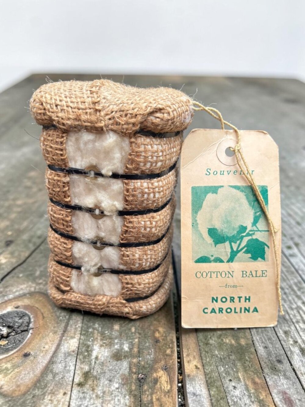 Miniature Cotton Bale Souvenir From North Carolina Burlap Wrapped With Tag